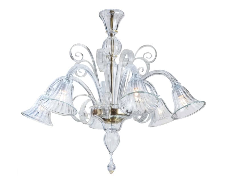 Clear Gold Murano 6 modern Italian chandelier with clear glass